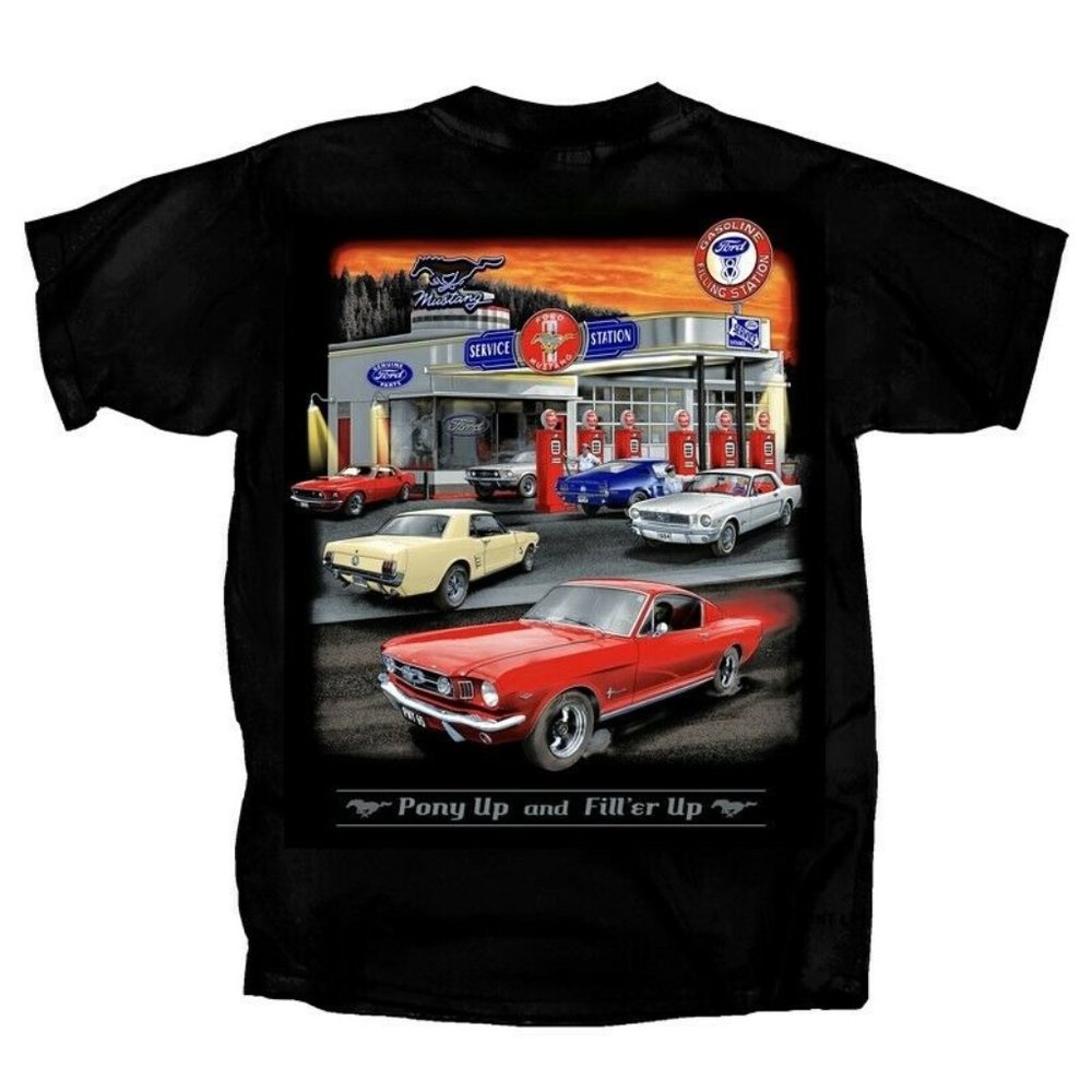 Ford Mustang Sunset Service Station Short Sleeve T-Shirt - NEW Fast Ship